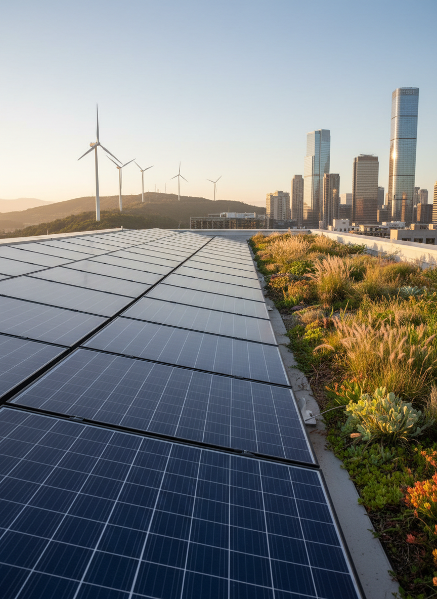 A modern urban skyline under a pale blue sky, seen from a rooftop covered in neatly arranged, deep-blue photovoltaic solar panels with a subtle glassy sheen. In the middle distance, sleek white wind turbines rotate slowly on a distant ridge, while to the side, a compact green roof garden of native grasses and hardy shrubs softens the industrial lines. Late-afternoon sunlight bathes the scene in a warm, golden tone, creating soft reflections on the panel surfaces and gentle shadows between rows. Captured in photographic realism from a low-angle perspective looking across the panels toward the horizon, the composition uses leading lines to draw the eye from clean energy infrastructure to the city. The mood is optimistic, professional, and forward-looking, emphasizing the transition to renewable energy.