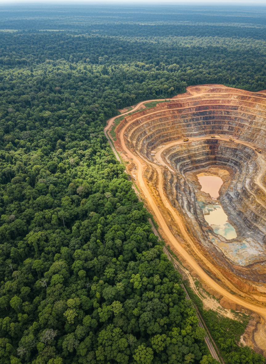 An aerial, photographic view of a dense, emerald-green tropical forest abruptly cut off by a sprawling open-pit mine of exposed red and yellow earth. The forest canopy appears rich and textured, while the mine forms a harsh, geometric scar filled with terraced levels and muddy pools of rainwater tinged with mineral colors. Diffused afternoon light from a high, overcast sky softens harsh contrasts but reinforces the somber mood. The wide-angle composition creates a clear diagonal dividing line between intact habitat and degraded land, with crisp detail across the frame. The atmosphere is serious and documentary, visually communicating habitat loss and its connection to resource extraction and climate impacts.