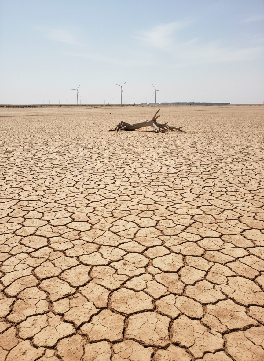 A vast, cracked desert plain stretching toward a hazy horizon, the dry earth split into intricate polygonal patterns of parched, ochre-colored soil. In the mid-ground, a solitary, withered tree trunk lies bleached by the sun, while in the far distance, faint outlines of wind turbine towers and a small solar farm shimmer in the heat. Harsh midday sunlight blazes from a nearly cloudless sky, casting sharp, defined shadows along every fissure. Shot in photographic realism from a slightly elevated angle with sharp focus throughout, the composition emphasizes the overwhelming scale of land degradation. The mood is stark and contemplative, contrasting environmental damage with distant symbols of renewable energy transition.