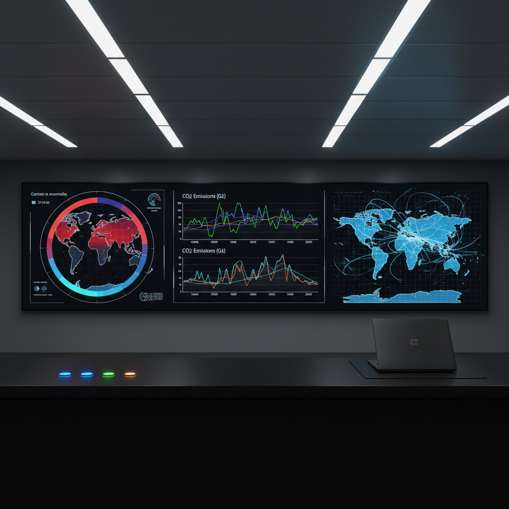 A minimalist, high-tech control room focused on a large, wall-mounted digital dashboard displaying colorful real-time climate data: global temperature anomalies in deep reds and cool blues, carbon emission graphs, and animated maps of atmospheric circulation. The foreground shows a sleek, matte-black console surface with a few neatly arranged, glowing indicator lights and a closed carbon-fiber laptop. Cool, even LED ceiling lighting provides soft, shadowless illumination, enhancing the crispness of every edge and screen pixel. Shot in photographic realism from an eye-level, straight-on composition, the scene feels clean, modern, and analytical. The atmosphere is focused and professional, visually underscoring data-driven environmental journalism and the careful monitoring of greenhouse gas emissions worldwide.
