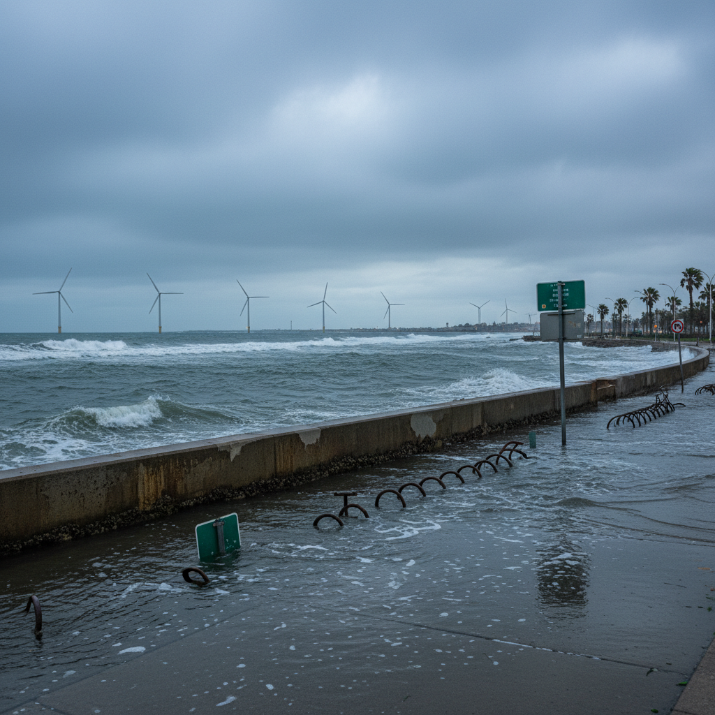 A low-lying coastal city shoreline at high tide, with concrete sea walls barely holding back churning, slate-blue water that laps within centimeters of a flooded promenade. Submerged street signs and half-covered bike racks protrude from the water, while distant wind turbines stand on the horizon beyond the bay. Soft, overcast daylight filters through thick clouds, creating a cool, muted palette of blues and grays with subtle reflections on the water’s surface. Captured in photographic realism from an eye-level perspective with a wide-angle lens, the composition uses the rule of thirds, emphasizing the fragile line between land and sea. The atmosphere feels urgent yet calm, highlighting the real-world impact of rising sea levels linked to global warming.